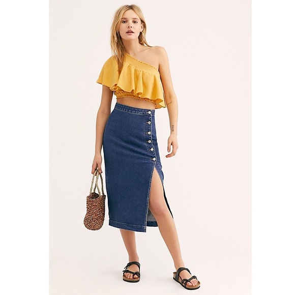 Free People Jasmine Buttoned Denim Midi Skirt - Picture 2 of 8